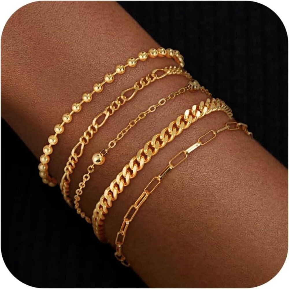 Gold Bracelets Set 14K Gold Plated Stackable Dainty Chain Jewelry for Women